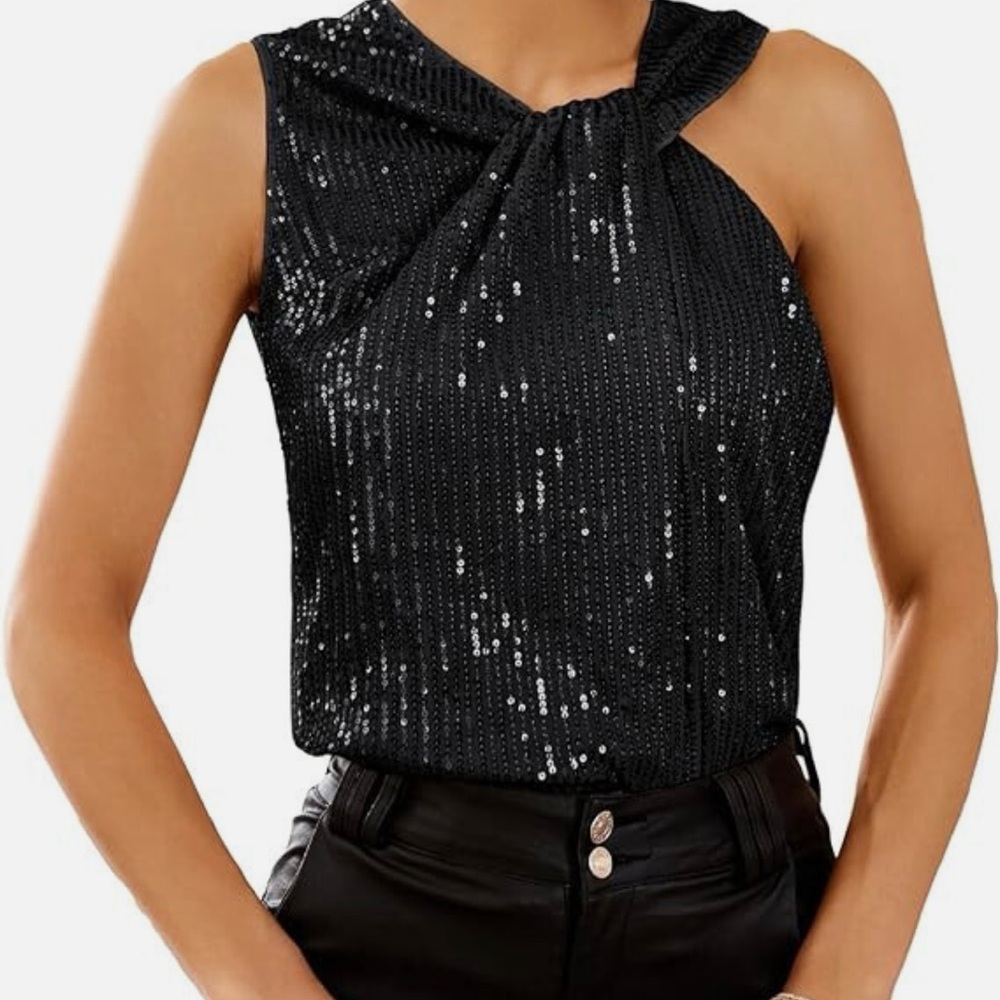 💜 Grace Karin Black Sequin Sleeveless Blouse